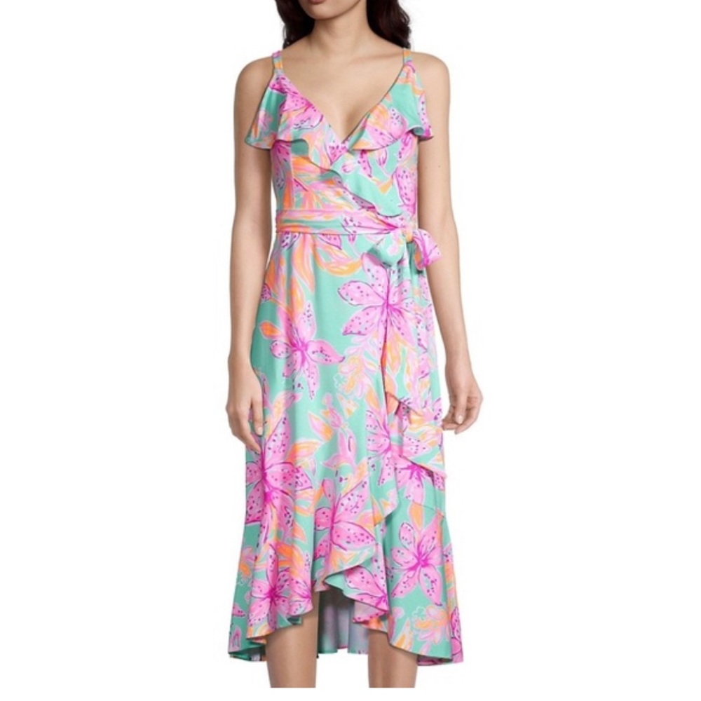 Worn once - Lilly Pulitzer Sz M Fontaine Wrap Dress - Surf Blue Bonita Blooms